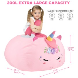 GAGAKU Cuddly Toy Bean Bag Storage Cover Unicorn 200 L, XXL Toy Storage Bag for Children's Room Large Unicorn Fillable Zip Bean Bag for Organising - Pink