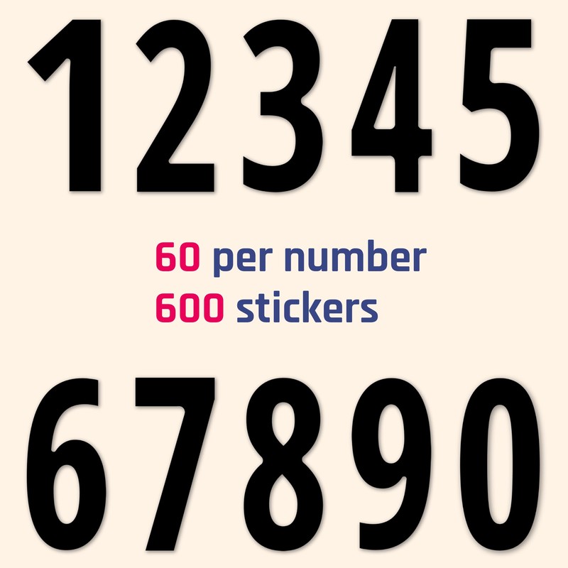 600 Pieces, 50mm - Number Stickers, Waterproof Vinyl Stick On