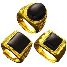 Set of 3 Stainless Steel Rings Men Gold Wide Band Biker Vintage Rings Black Signet Ring Simple Square Agate Solid Polished Hip Hop Rock Band Rings Set Size
