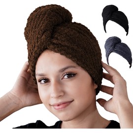 WerderBach® Hair Turban Quick-Drying 100% Cotton Set of 2 with 2 Buttons Including 4 Hair Bands Comb Women's Towel for Head and Long Hair Absorbent Super Absorbent Children's Products Towel (Brown)