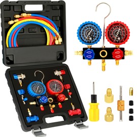 limontek R1234yf R134A AC Gauge Set, 3 Way Automotive AC Manifold Gauges for R1234yf R134A and R404A Refrigerants with 5FT Hoses Quick Couplers Self Sealing Can Tap for Freon Charging