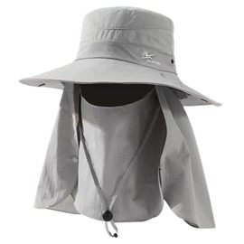 Packable Safari Sun Hat 4" Wide Birm with Detachable Facemask and Neck Flap for Men Women, Foldable Boonie Bucket Hats Adjustable Chin Strap Outdoor Beach (Light Gray)