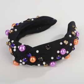 Jumwrit Christmas Wide Top Knot Headband with Pearl Rhinestone for Women Non Slip Sparkly Crystal Embellished Hair Band Pearl Beaded Decoration Fashion Hair Accessories (Multicolor, 6.8 * 5.9inch)