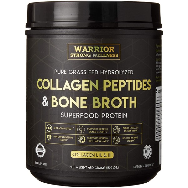 Premium Collagen Peptides Bone Broth by Warrior Strong Wellness: Grass Fed Hydrolyzed Collagen Protein Powder Boost for Healthy Skin, Nails, Hair, Joints, Muscles,Digestion, Keto Friendly, Unflavored