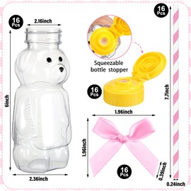 Honeydak 16 Pack Bear Straw Honey Cup for Baby 8 oz Bear Drinking Honey Bottles Empty Plastic Squeeze Bottles with Flip Top Lid Bow Jar Containers for Baby Shower Birthday Party Decoration(Pink)