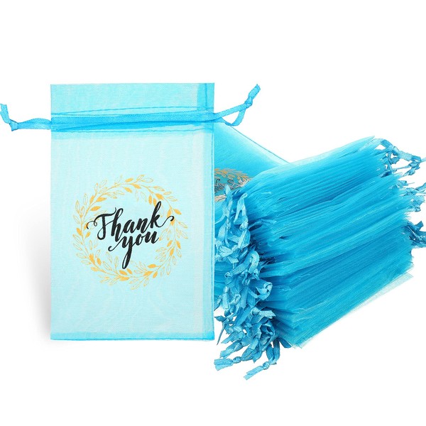 100 Pieces Thank You Bags Sheer Organza Bags, Small Jewelry Present Bags with Drawstring, 4 x 6 Mesh Wedding Party Favor Bags for Sachet, Jewelry, Makeup Organza Tulle Favor Bags (Lake Blue)