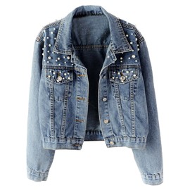 LifeShe Women's Embroidered Pearl Denim Jean Jacket Coat