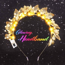 Unicra Gold Leaf Bridal Wedding Headband Light up Hair Band LED Hair Accessories for Women
