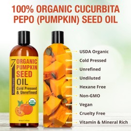 Seven Minerals NEW Pumpkin Seed Oil for Hair Growth, Face, & Body - Big 16oz Bottle - USDA Organic, Cold-Pressed & Hexane Free - Lightweight, Non-Greasy, & Deeply Moisturizing for Scalp, Skin
