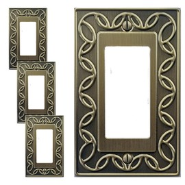 OKAWYC Single Decorator Light Switch Cover Plate, 4-Pack Antique Brass NovaBloom Metal Wall Plate 1 Gang Single Rocker, Receptacle Dimmer Switch GFCI Outlet Wallplate, Durable