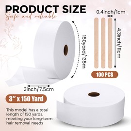 Tegeme 3” x 150 Yard Non Woven Wax Strip Roll Epilating Roll Non Woven Muslin Strip White Tear-resistant Lint-free with 100 Pcs Wood Tongue Depressor for Body Facial Hair Removal Men Women
