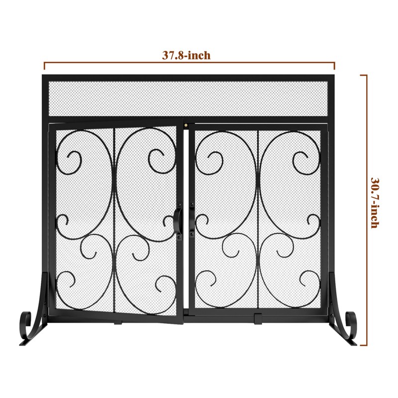 Calidola Large Flat Fireplace Screen with Doors, Wrought Iron Frame