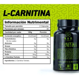 Carnitina Quemador de Grasa Mad Labz 60 Cápsulas 500mg Sin Sabor MDN Sports