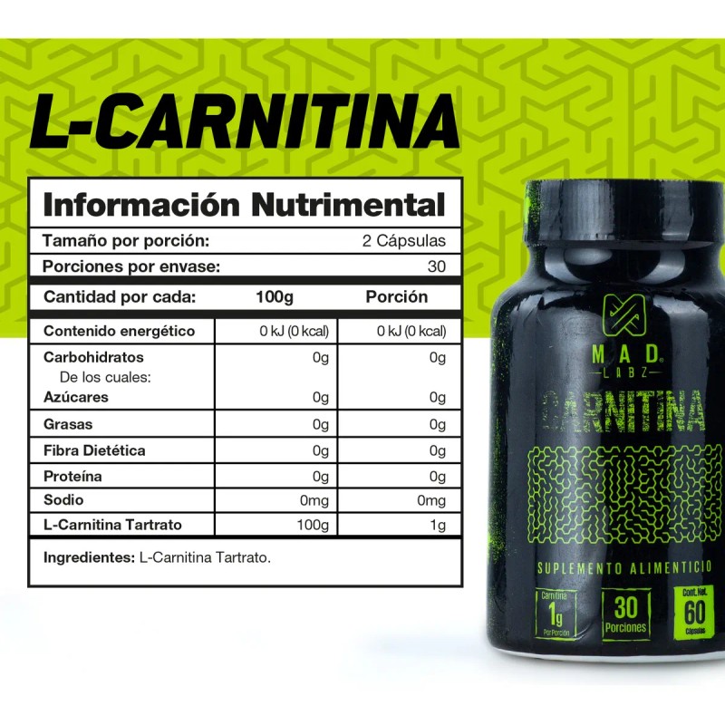 Carnitina Quemador de Grasa Mad Labz 60 Cápsulas 500mg Sin