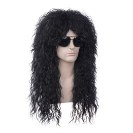 PATTNIUM Black 80s Wig Men Wig Black Long Curly Wig 70s Heavy Metal Wig Black Mullet Rocker Wig for Men Women Cosplay Party Wig (Black)
