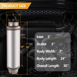 Piclafe 5 Inch Exhaust Muffler, 5" Inlet/Outlet 30" Overall Length Resonator, Stainless Steel Straight Through Design Performance Muffler, 1 PC