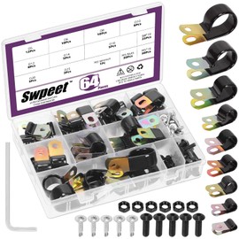 Swpeet 64Pcs 9 Size 5mm-25mm 1/4" Hole Vinyl Coated Cable Clamps Galvanized and 95Pcs Hex Screws Nuts Assortment Kit, Rubber Cushioned Insulated Clips, Metal Wire Clamps for Pipe Cables Wires