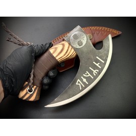 Handmade Carbon Steel Pizza Cutter | Viking-Inspired Pizza Slicer with Ash Wood Handle & Leather Wrapping | Norse Rune Design | Durable Blade & Leather Sheath
