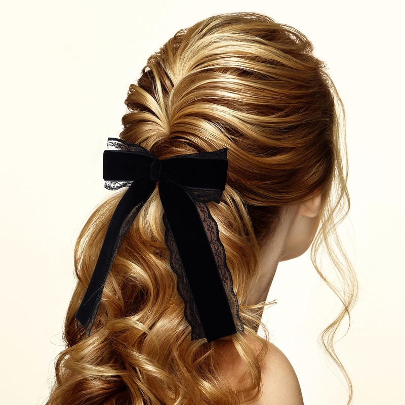 CustomyLife 1pcs Black Lace Hair Bow Clip Coquette Bow Barrettes