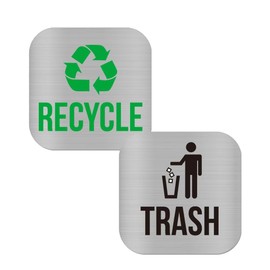 2 Pack Recycle and Trash Magnets,Brushed Silver Recycle Magnet for Trash Can,2 Magnetic Sticker Adhesives,Trash Recycle Sticker for Kitchen Trash Cans,Recycling Bins,Outdoor Waste Bin (Square)