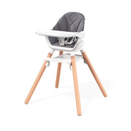 DDIOYIUR Baby High Chair, Wooden Feeding Chair with Removable Double Tray & Reversible Footrest, 5-Point Harness Multi-Use Toddlers HighChair, Grey