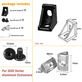 QNK 10 Sets Black Connector Sets,Includes 10pcs Solid Aluminum Corner Bracket,20pcs M5 x8mm T-Slot Nuts,20pcs M5 Screw Bolt and Hex Wrench for 2020 6mm Slot Aluminium Extrusion Rail Accessories