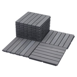 Deck Tiles - Pack of 10 Waterproof Acacia Wood Patio Tiles, Flooring Tile for Indoor and Outdoor - 12 x 12 inches (Light Gray)