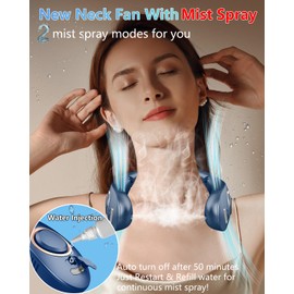 Neck Fan with Mist Spray,Bladeless Folding Neck Fans that Blow Cold Air,Portable Necklace Fan Rechargeable Battery Operated Quiet Cooling Device,Wearable Hands Free Fans for Women Men Kids Blue