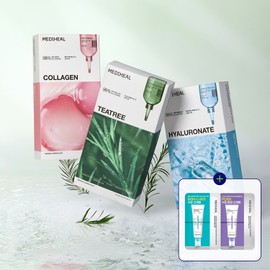 Mediheal Best Essential Mask Pack 3 types, 30 sheets (tea tree + collagen + hyaluronic acid) (+ 2 types of moisturizing sun serum trial included) 메디힐 베스트 에센셜 마스크팩 3종 30매 (티트리+콜라겐+히알루론산) (+수분 선세럼 체험분 2종 증정)