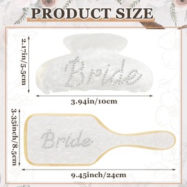 Vicenpal 2 Pcs Bride Gifts Include Paddle Brush and White Acrylic Claw Hair Clip with Rhinestone Bride Design for Bridesmaid Gift, Bridal Shower Bachelorette Party Wedding
