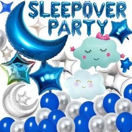 47 Pieces Sleepover Party Decoration Blue Sleepover Birthday Party Balloons Banner Cute Moon Star for Kids Boys Girls Pajamas Slumber Party Night Out Party Decoration (Black)