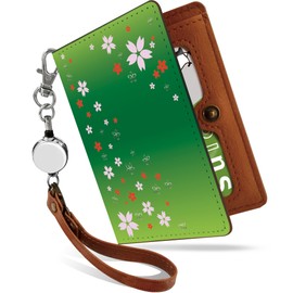 Pretimo Pass Case with Reel, Cute, Cherry Blossoms, New Green, Flowers, Bifold Invisible, Fashionable, Women's, Floral Pattern, Japanese Pattern, Green (Cherry Blossom/PS)
