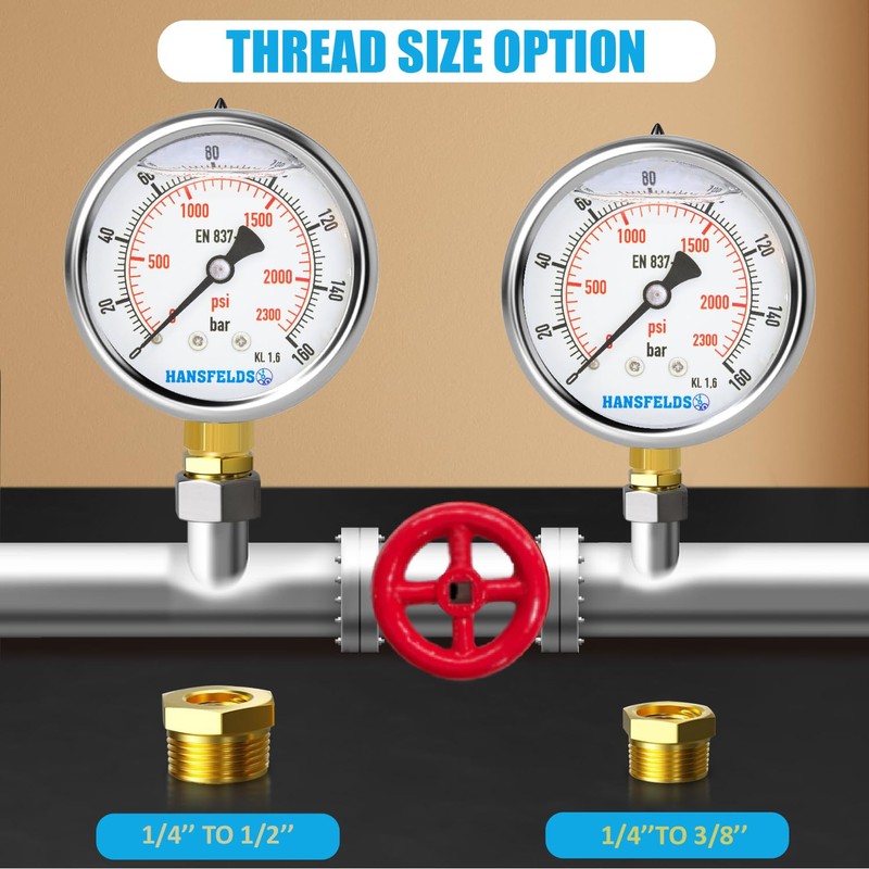 Hansfelds 0-160bar Pressure Gauge Liquid Filled 1/4''BSP Lower Mount 63mm