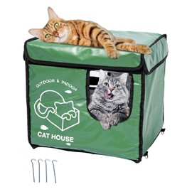 Cat House Outdoor with Two-Sided Escape Door, Insulated and Waterproof, Outside Weatherproof Feral Cat Shelter for Winter, Oxford Cloth Upgraded (Green, s)