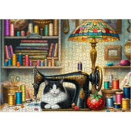 crowm Jigsaw Puzzles for Adults 1000 Pieces, The Sewing Room Cat Challenging Puzzles for Game Nights Living Room Art Decor & Sewing Lovers Gifts