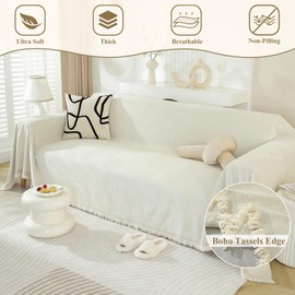 EAVD Beige Couch Covers for Sectional Sofa L Shape Thick Chenille Sofa Couch Cover Covers for 3 Cushion Couch Cover Boho Sofa Cover Blanket with Tassles