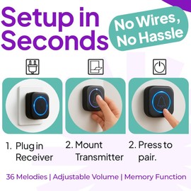 Wireless Plug-in Doorbell with 1 Receiver & 2 Waterproof Transmitter Door Bells – 110dB Sound, 36 Melodies, Easy Installation, Cordless Home Security System, Ideal for Front Doors & Entryways
