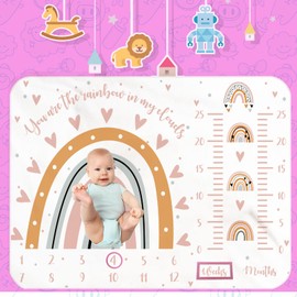 Baby Milestone Blanket for Boys Girls- 60"x40" Baby Monthly Milestone Blanket - Boho Rainbow Height Chart for Baby - Neutral First Year Growth Months Chart (Pink)