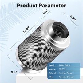 iPower 6 Inch Air Carbon Filter, with Australia Virgin Charcoal for Inline Fan, Hydroponics, Grow Tent, Prefilter Included, Reversible Flange 6" x 16", Silver