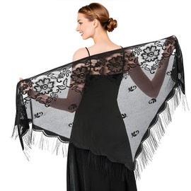Lnngub Black Lace Shawl Triangle Lace Shawls and Wraps Black Lace Scarf Black Shawl with Fringe Triangle Shawl Black Fringe Shawl for Wedding Evening Party Dresses