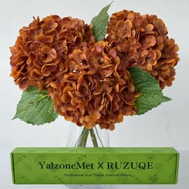 YalzoneMet 3 Pcs Orange Brown Hydrangea Artificial Flowers 21‘’ Real Touch Latex Hydrangea Fake Flowers for Fall Home Decor Party Kitchen Bedroom Bronze Vintage Flower Table Centerpieces