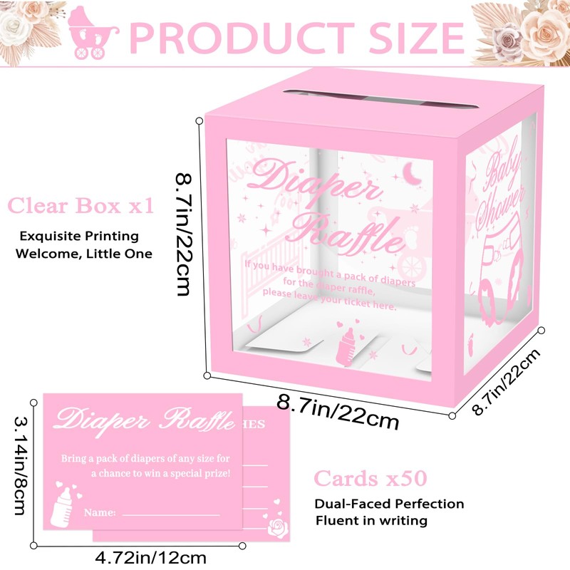 Pink Clear Diaper Raffle Tickets Card Box for Baby Shower,