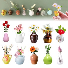 ZFFLYH 10 PCS Mini Vase Magnets for Fridge 3D Ceramic Flower Vase DIY Fridge Magnets with Flowers Cute Tiny Plant Vases Plant Vases for Refrigerator Kitchen Office Decoration