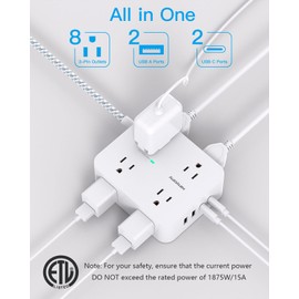 Surge Protector Power Strip - HANYCONY 8 Outlets 4 USB (2 USB C) Charging Ports, Multi Plug Outlet Extender, 5Ft Braided Extension Cord, Flat Plug Wall Mount Desk Charging Station for Home Office ETL