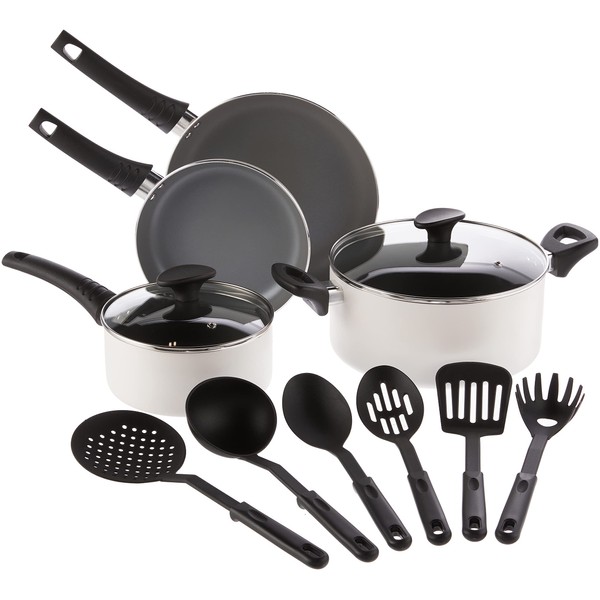 BELLA Cookware Set, 12 Piece Pots and Pans with Utensils, Nonstick Scratch Resistant Cooking Surface Compatible with All Stoves, Nylon and Aluminum, Cream
