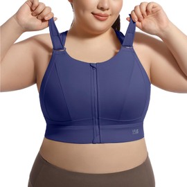 VFUS High Impact Sports Bras for Women Adjustable Zip Front Plus Size Workout Bra Full Coverage Removable Padded Running (Large, Navy)