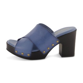 Cushion Kamari - Sandalia de madera sintética para mujer con acolchado de espuma viscoelástica, anchos disponibles, Azul, 9 US