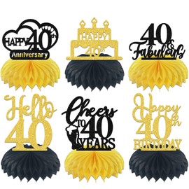 6Pcs Happy 40th Birthday Honeycomb Centerpiece, Hello 40, 40th Birthday Table Decoration, Cheers to 40 Years Decoration, 40 Years Old Birthday Decor, Funny 40th Anniversary Supplies Gold Black Glitter