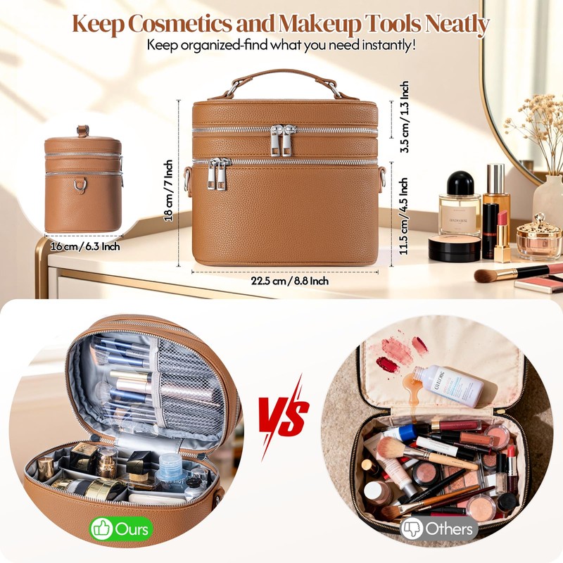 cysiyu Leather Makeup Bag Organizer Double Layer Vanity Bag Large