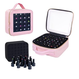 YAHOURWAT Small Nail Polish Organizer Storage Box Hold 42 Bottles (15 ml/0.51 floz) PU Leather Portable Cosmetic Bag with Removable Partition(Pink)